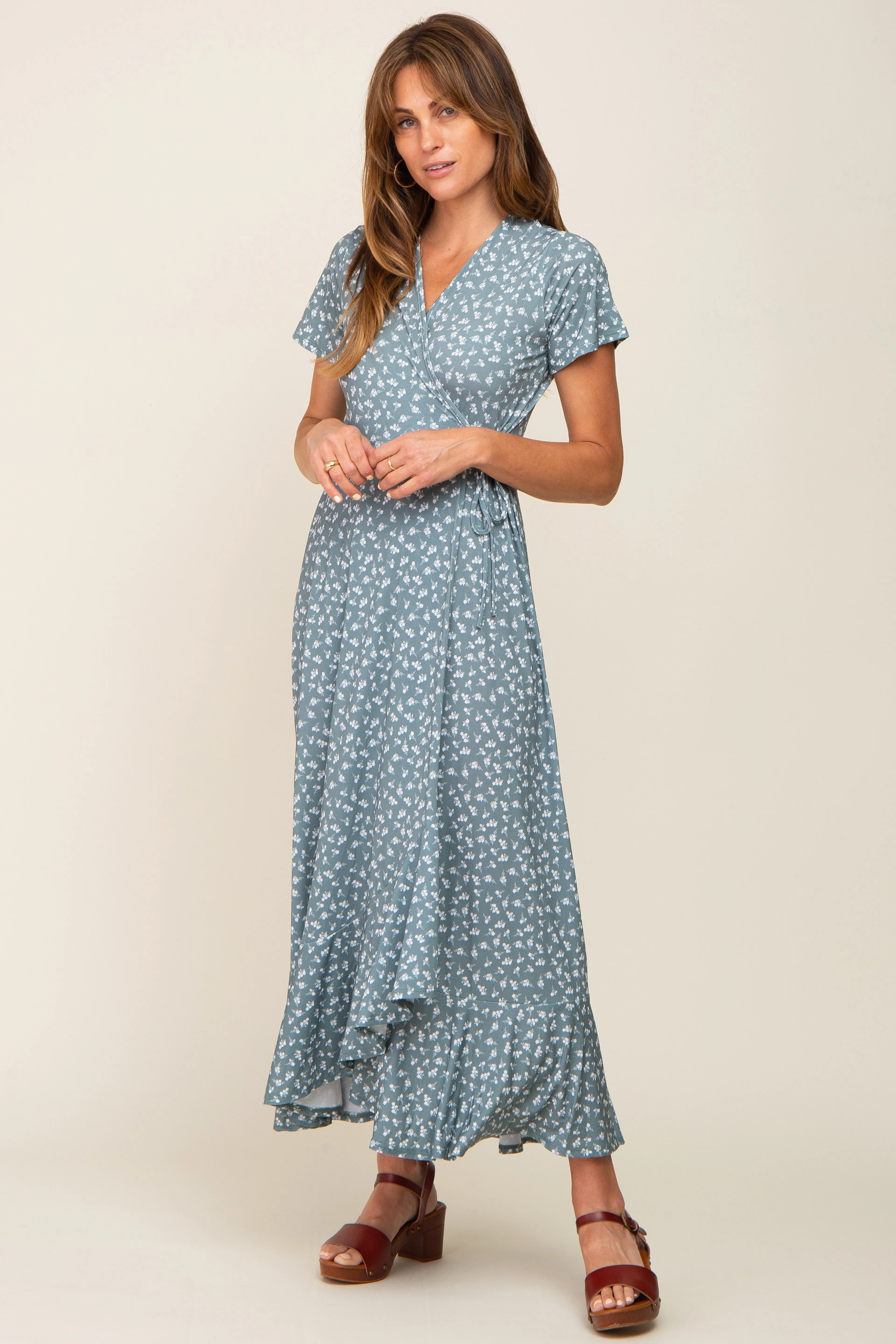 Light Olive Floral Wrap Front V-Neck Short Sleeve Midi Dress sold by Pinkblush product image thumbnail 5