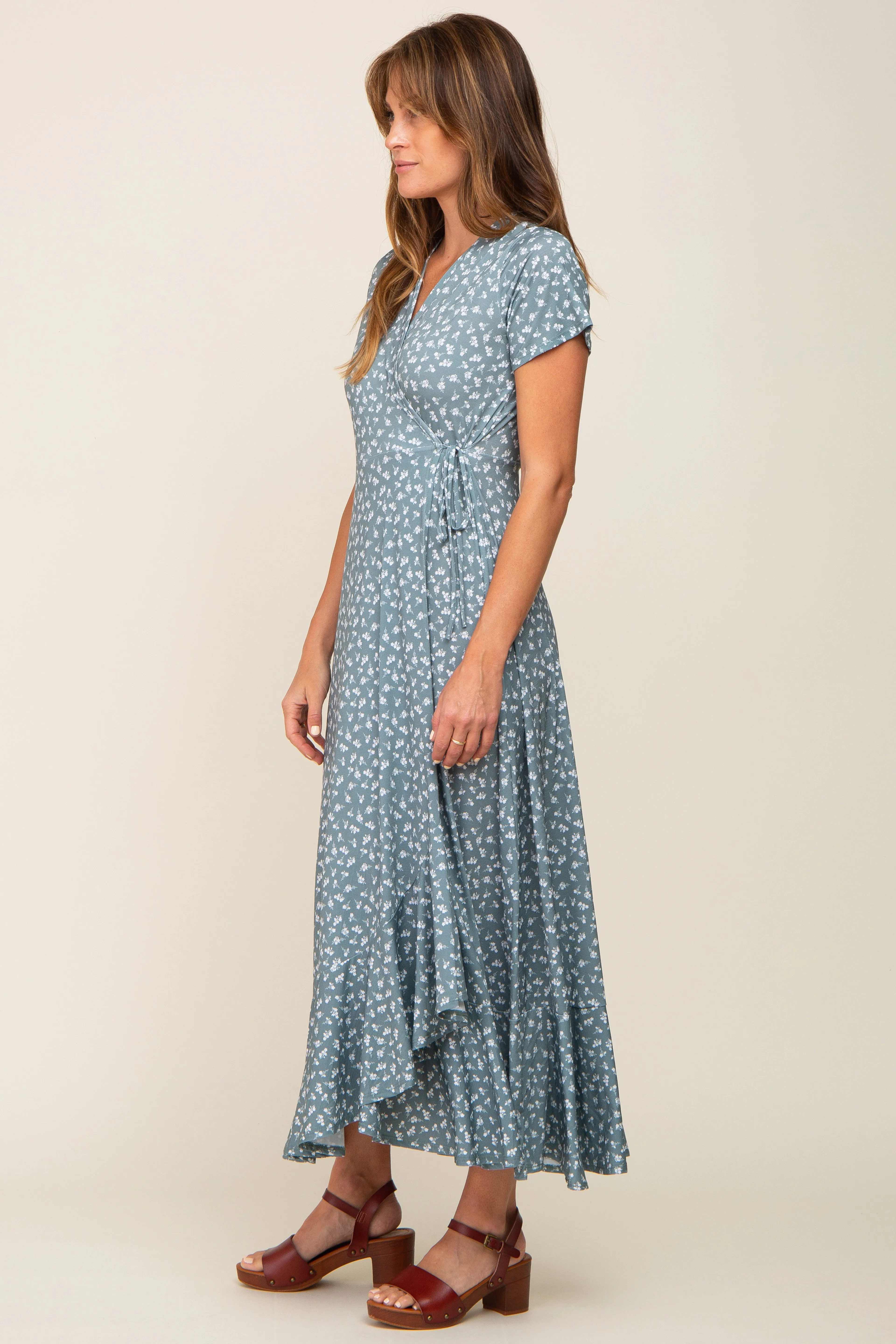 Light Olive Floral Wrap Front V-Neck Short Sleeve Midi Dress sold by Pinkblush product image thumbnail 2