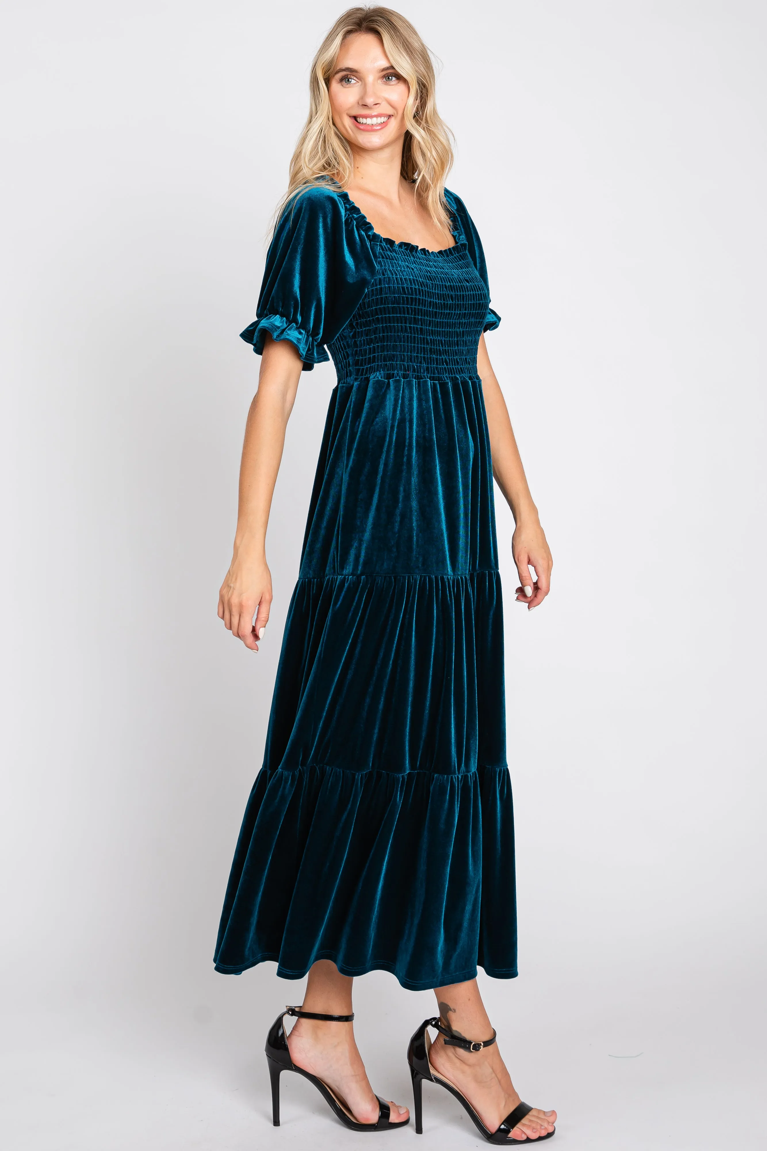 Teal Velvet Tiered Midi Dress sold by Pinkblush product image thumbnail 2