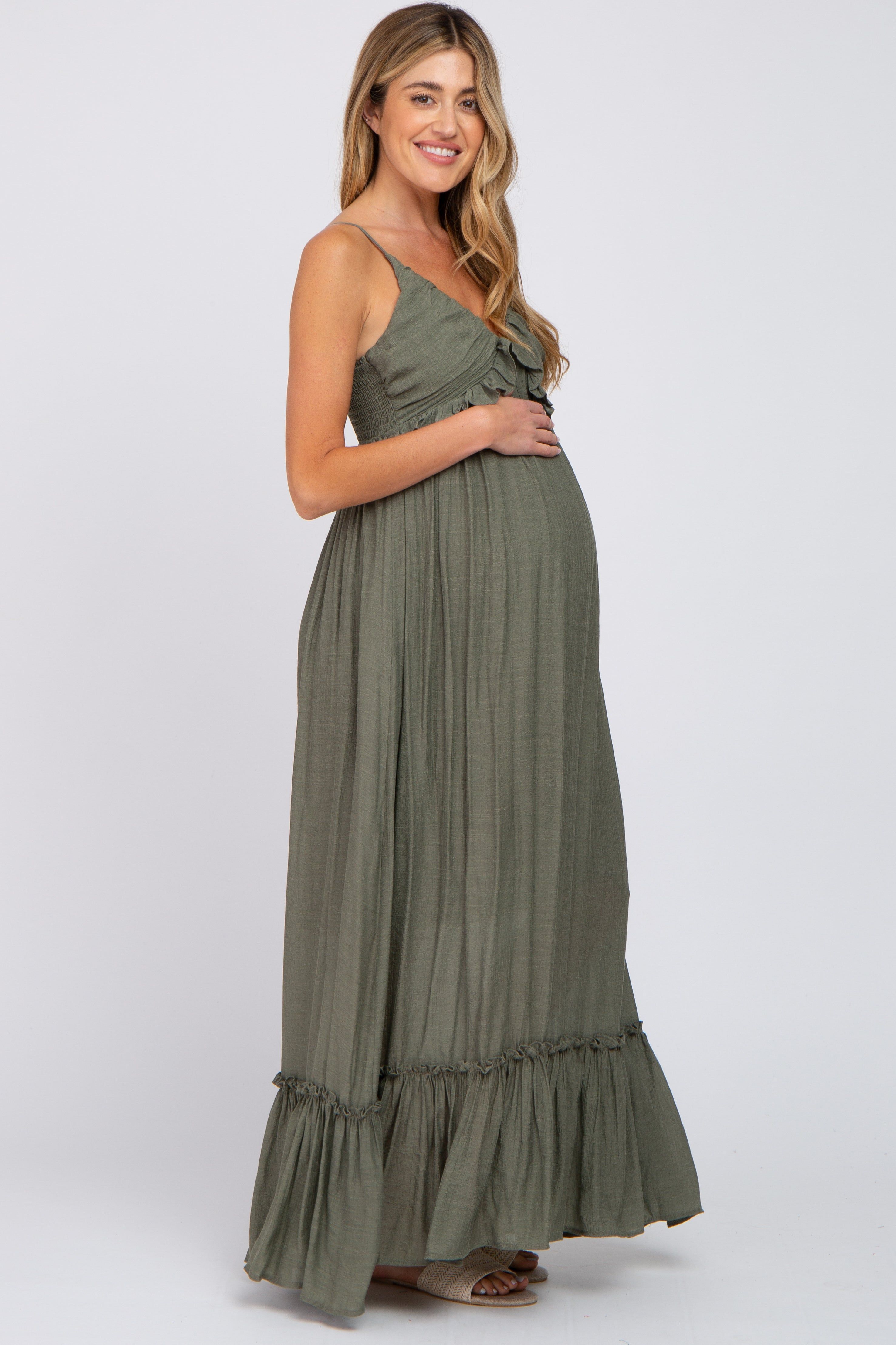 Olive Sleeveless Ruffle V-Neck Maternity Maxi Dress sold by Pinkblush product image thumbnail 2