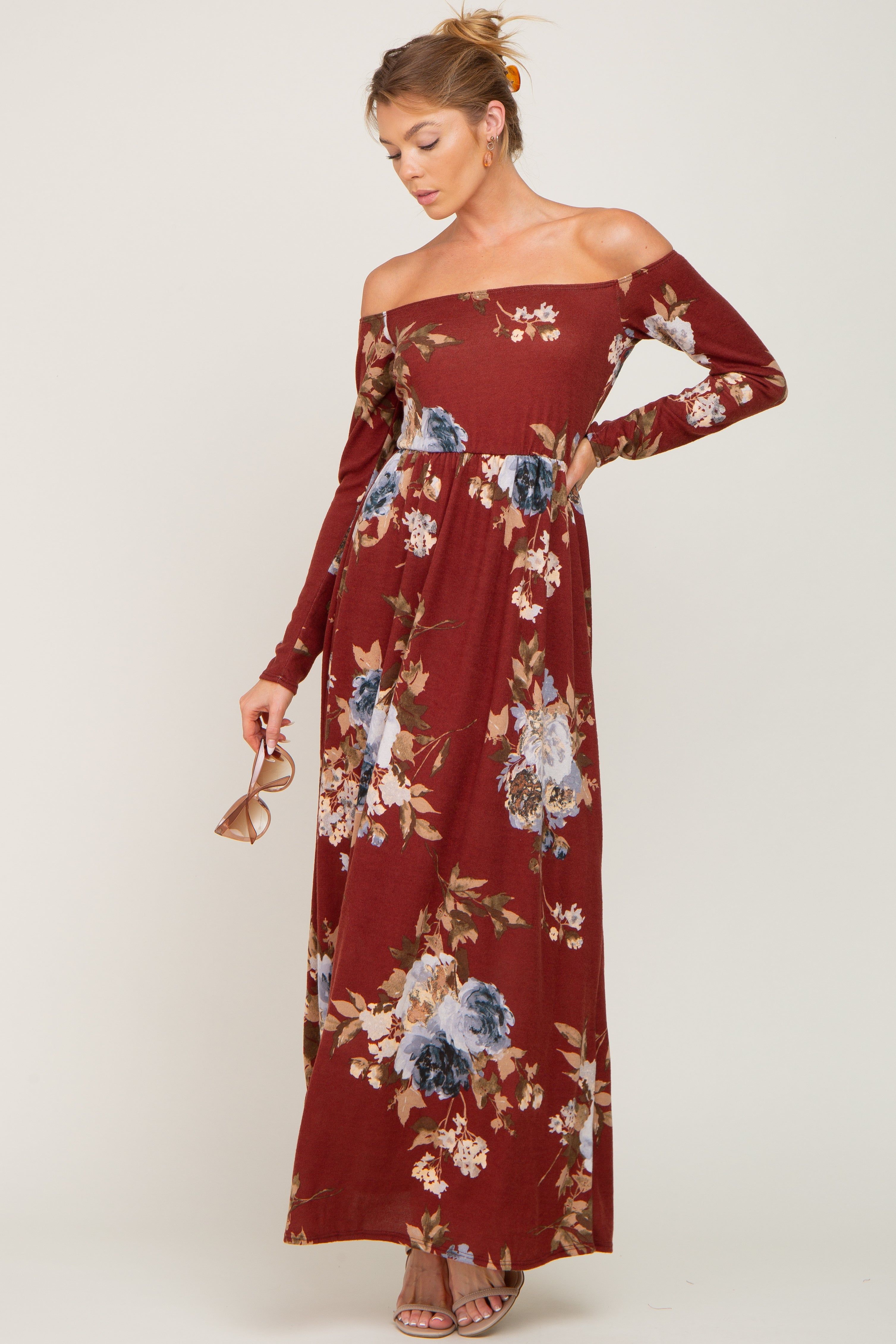 Burgundy Floral Off Shoulder Long Sleeve Maternity Maxi Dress sold by Pinkblush product image thumbnail 5