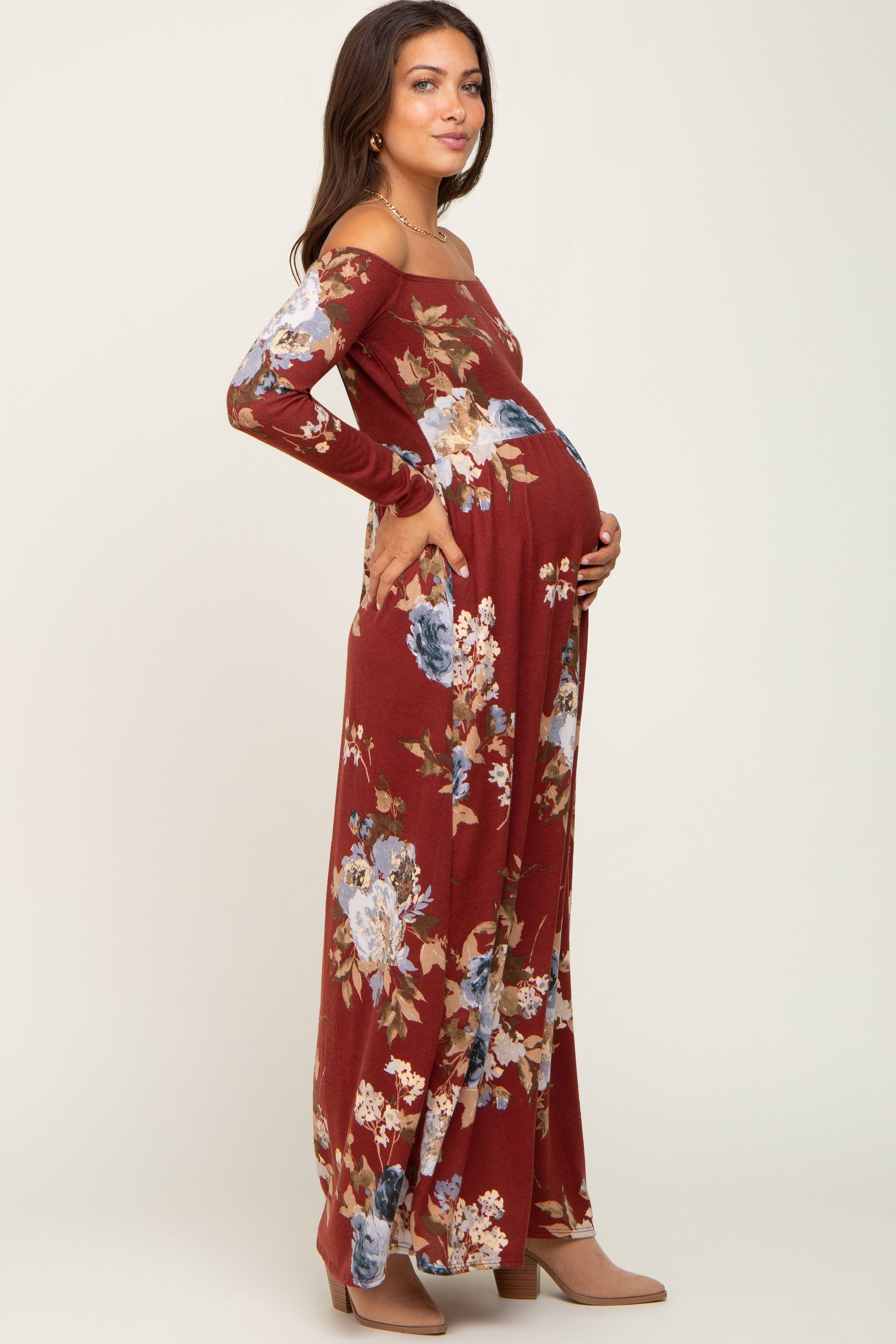 Burgundy Floral Off Shoulder Long Sleeve Maternity Maxi Dress sold by Pinkblush product image thumbnail 2