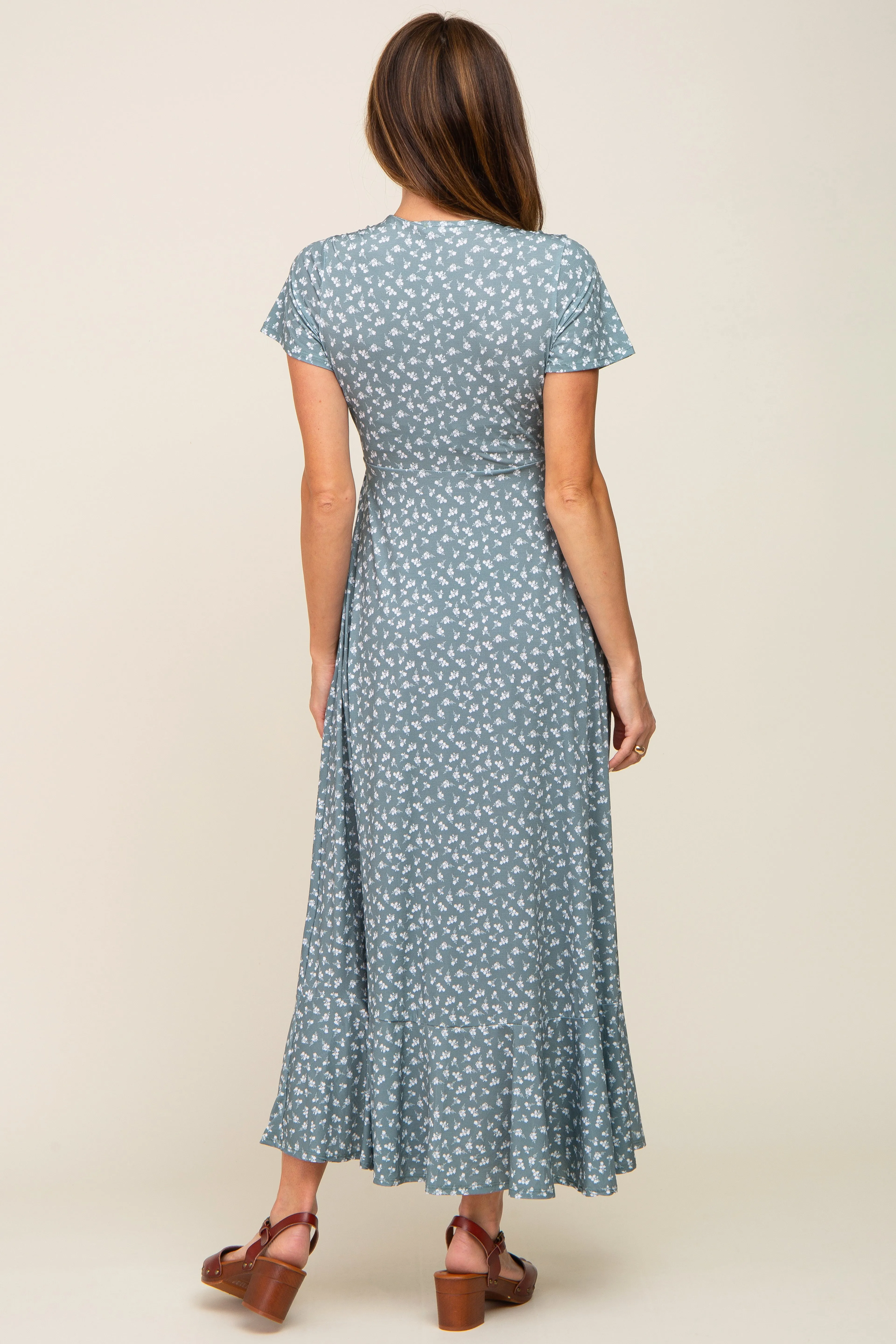 Light Olive Floral Wrap Front V-Neck Short Sleeve Midi Dress sold by Pinkblush product image thumbnail 3