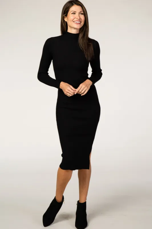 Black Ribbed Fitted Mock Neck Long Sleeve Midi Dress sold by Pinkblush