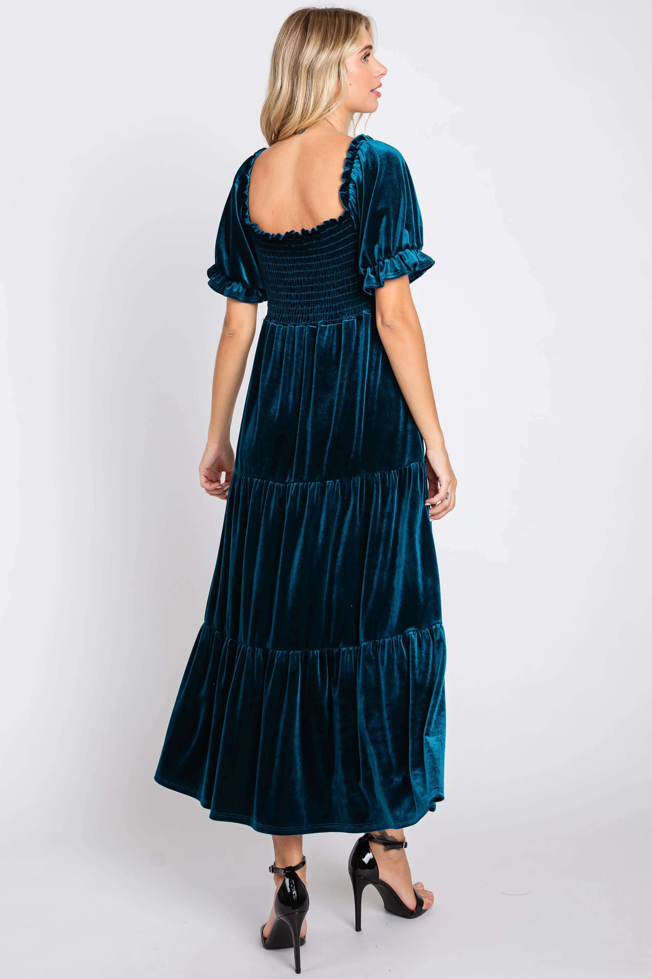 Teal Velvet Tiered Midi Dress sold by Pinkblush product image thumbnail 3