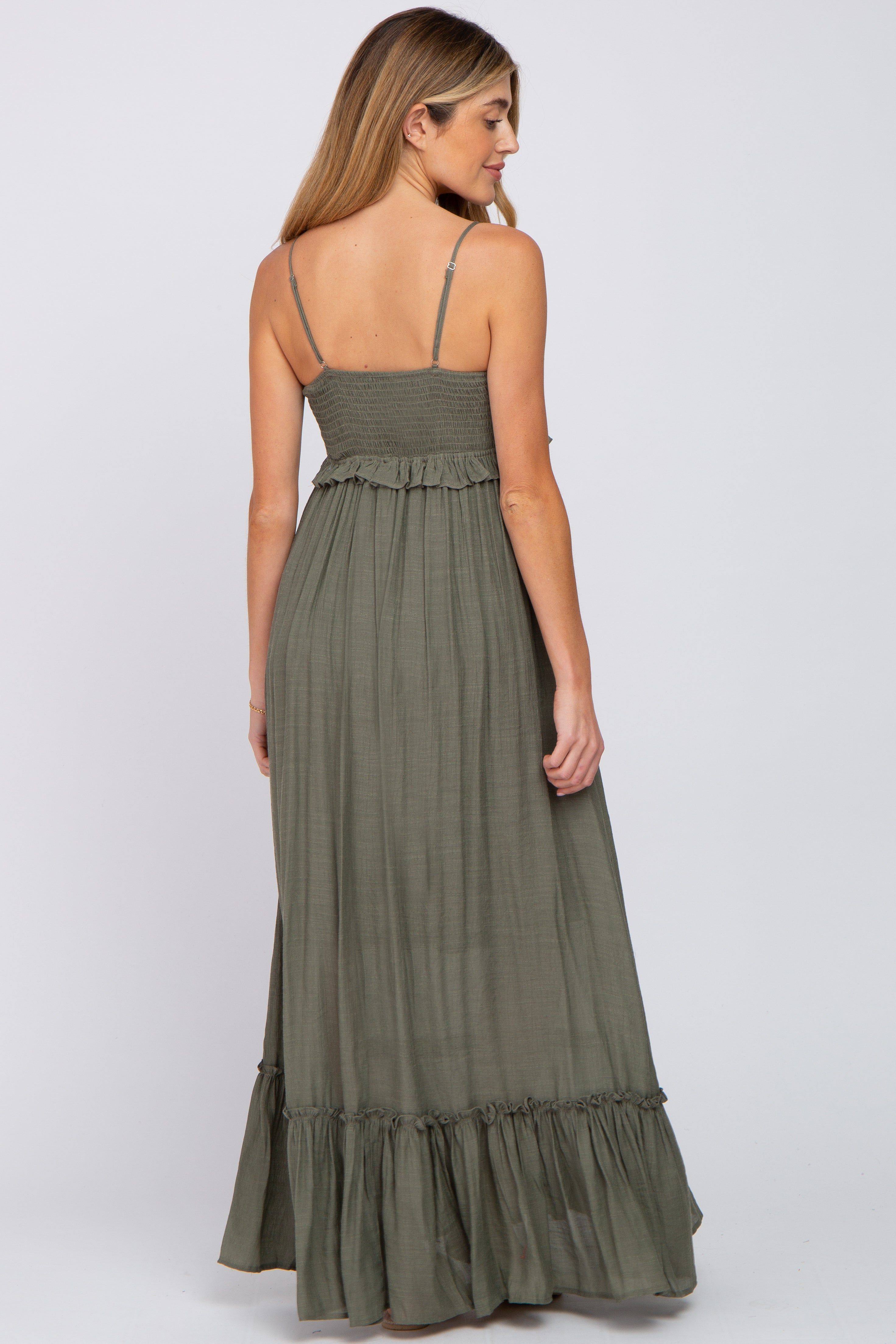 Olive Sleeveless Ruffle V-Neck Maternity Maxi Dress sold by Pinkblush product image thumbnail 3