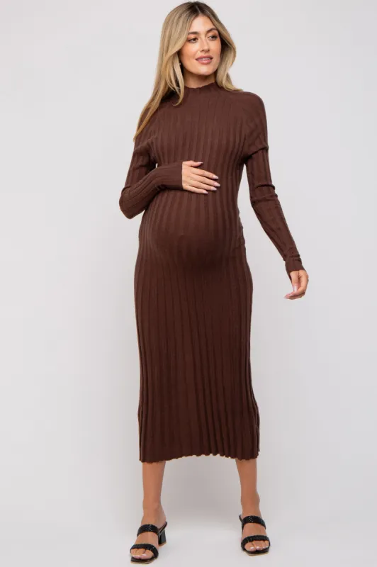 Brown Ribbed Turtle Neck Maternity Midi Dress sold by Pinkblush