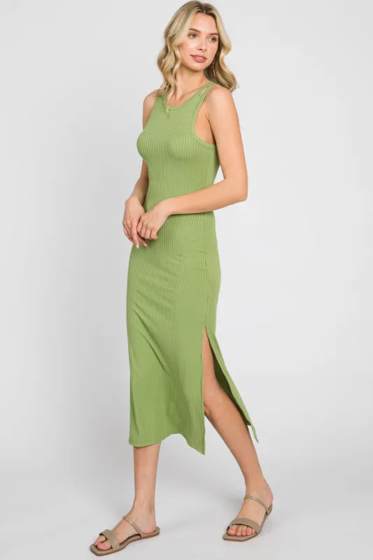 Green Ribbed Cutout Shoulder Side Slit Midi Dress sold by Pinkblush