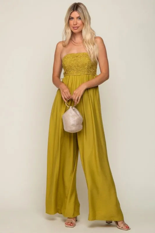 Lime Lace Strapless Wide Leg Jumpsuit sold by Pinkblush