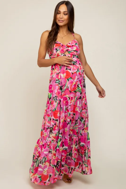 Fuchsia Floral Front Twist Lace Up Back Maternity Maxi Dress sold by Pinkblush