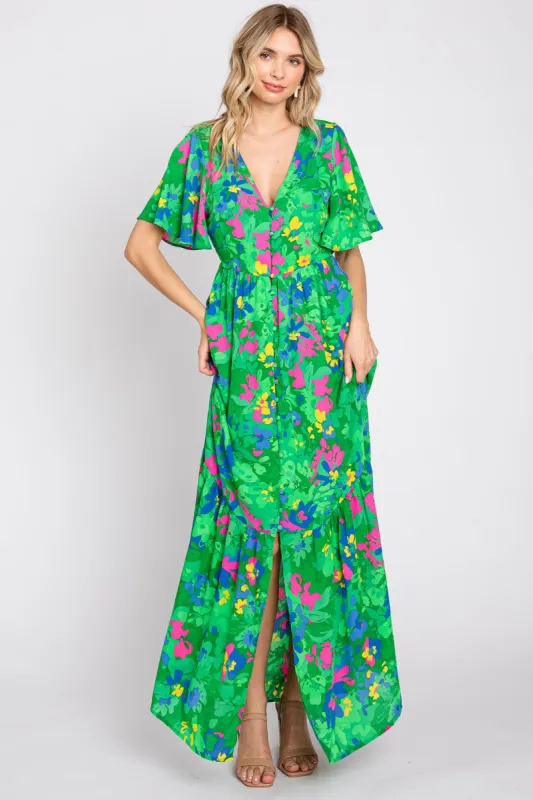 Green Floral Button Front Flutter Short Sleeve Maxi Dress sold by Pinkblush
