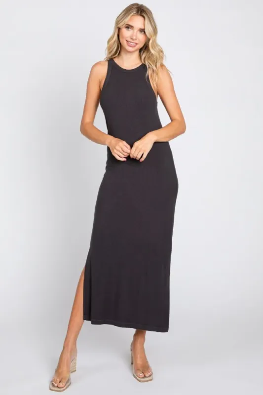 Charcoal Sleeveless Ribbed Side Slit Maxi Dress sold by Pinkblush