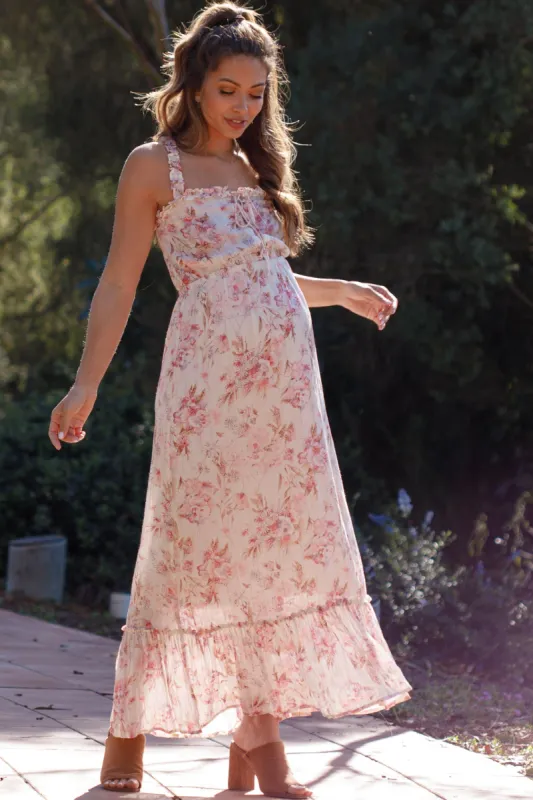 Cream Floral Shimmer Lace-Up Maternity Maxi Dress sold by Pinkblush