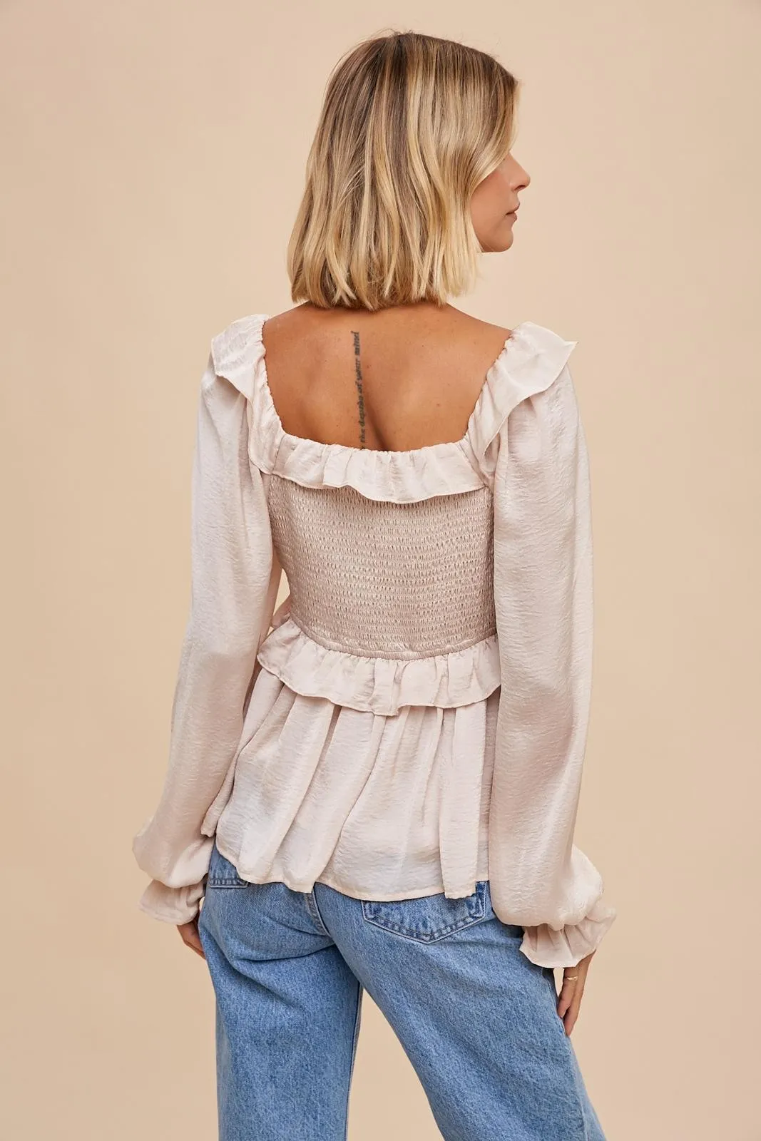 Almond Washed Satin Cross Ruffled Long Sleeve Blouse sold by Pinkblush product image thumbnail 3