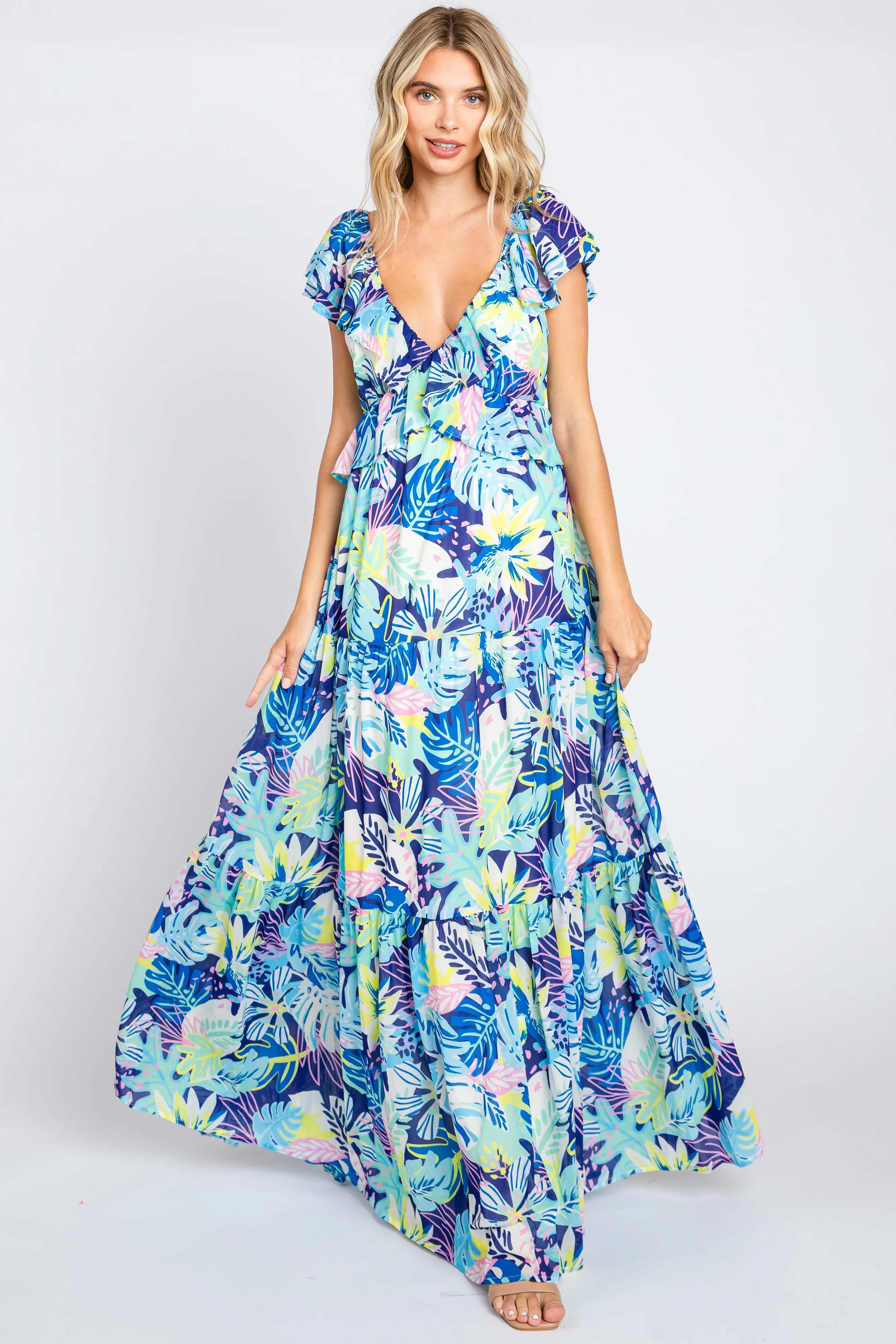 Blue Floral Ruffle Accent Maxi Dress sold by Pinkblush