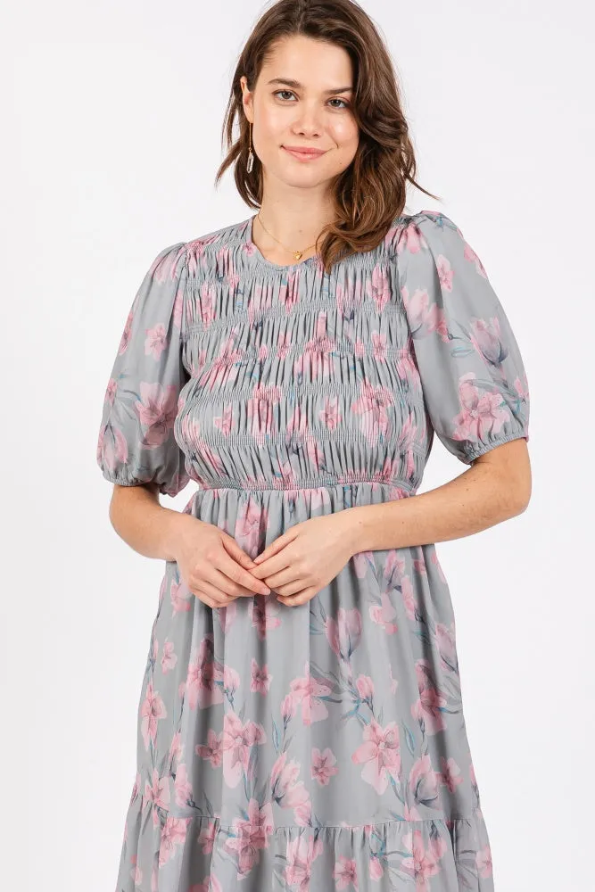 Grey Floral Smocked Ruffle Hem Midi Dress sold by Pinkblush product image thumbnail 4