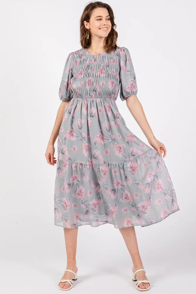 Grey Floral Smocked Ruffle Hem Midi Dress sold by Pinkblush