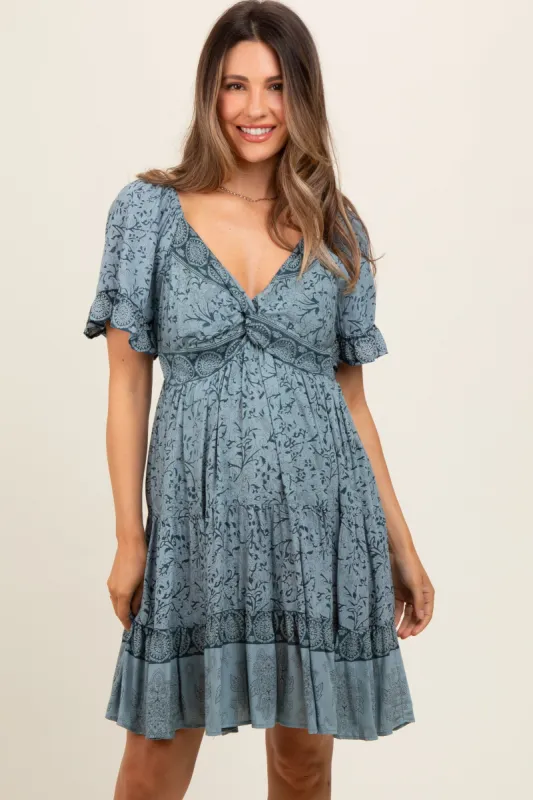 Blue Floral Paisley Knot V-Neck Short Sleeve Maternity Dress sold by Pinkblush