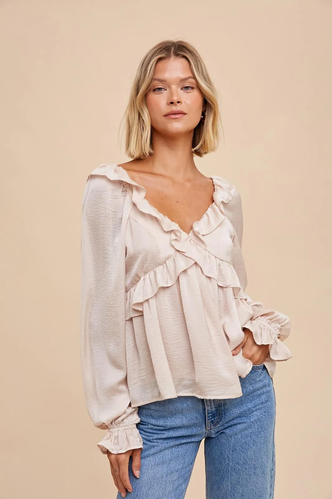 Almond Washed Satin Cross Ruffled Long Sleeve Blouse sold by Pinkblush product image thumbnail 2