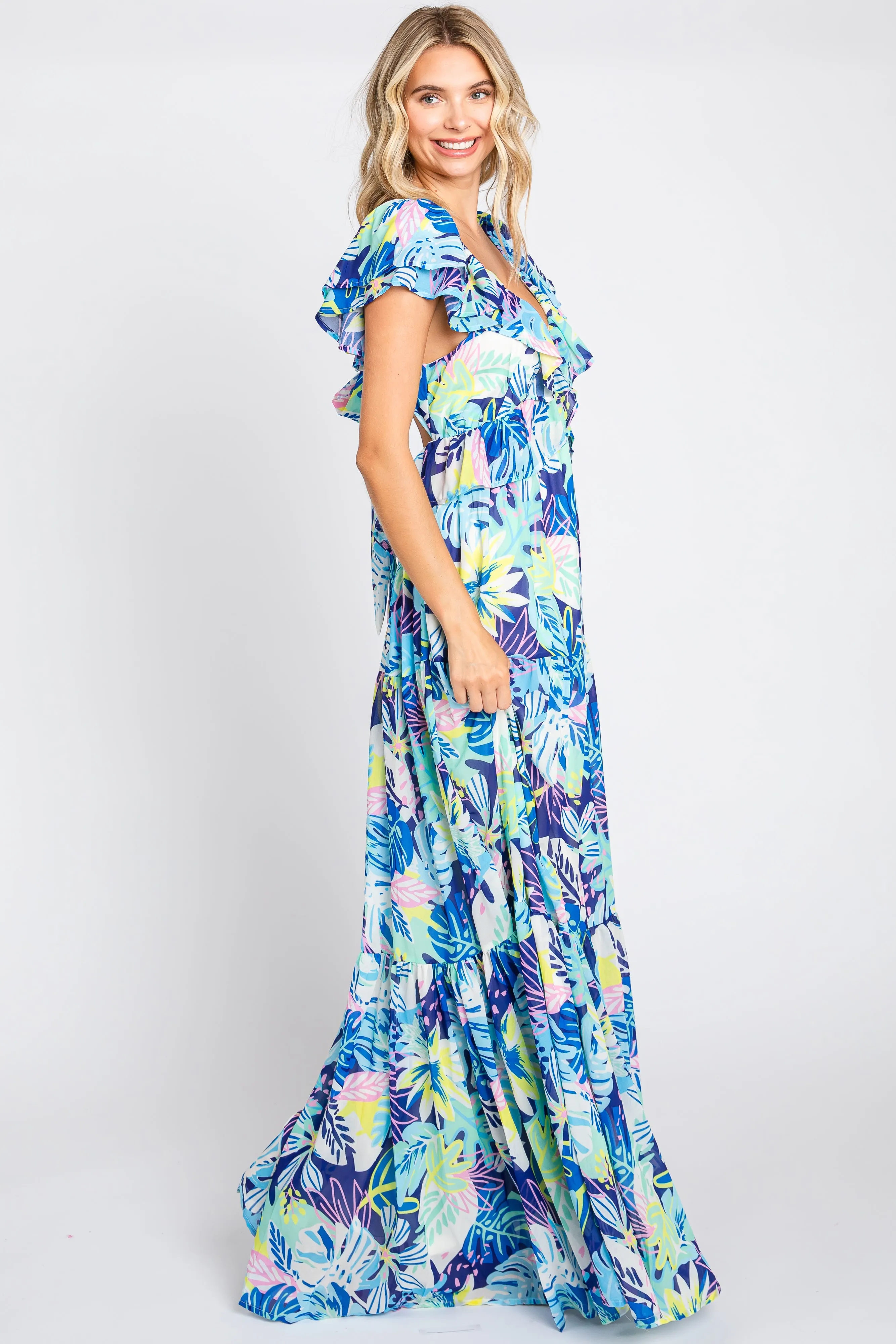 Blue Floral Ruffle Accent Maxi Dress sold by Pinkblush product image thumbnail 2