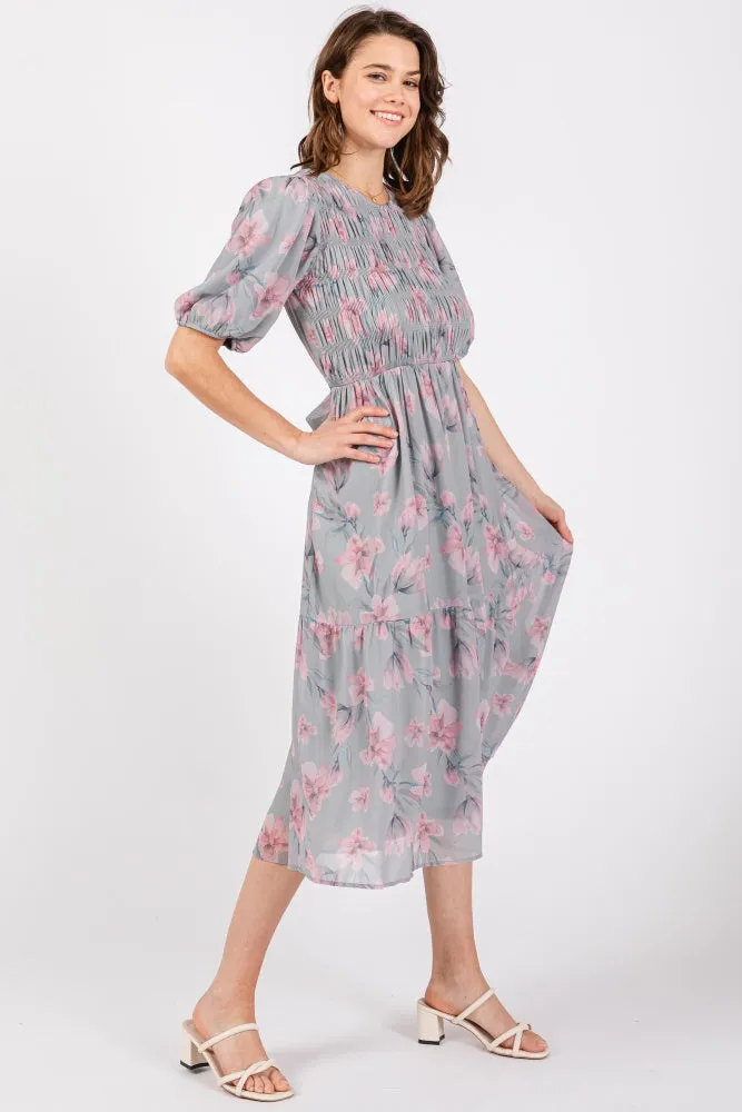 Grey Floral Smocked Ruffle Hem Midi Dress sold by Pinkblush product image thumbnail 2