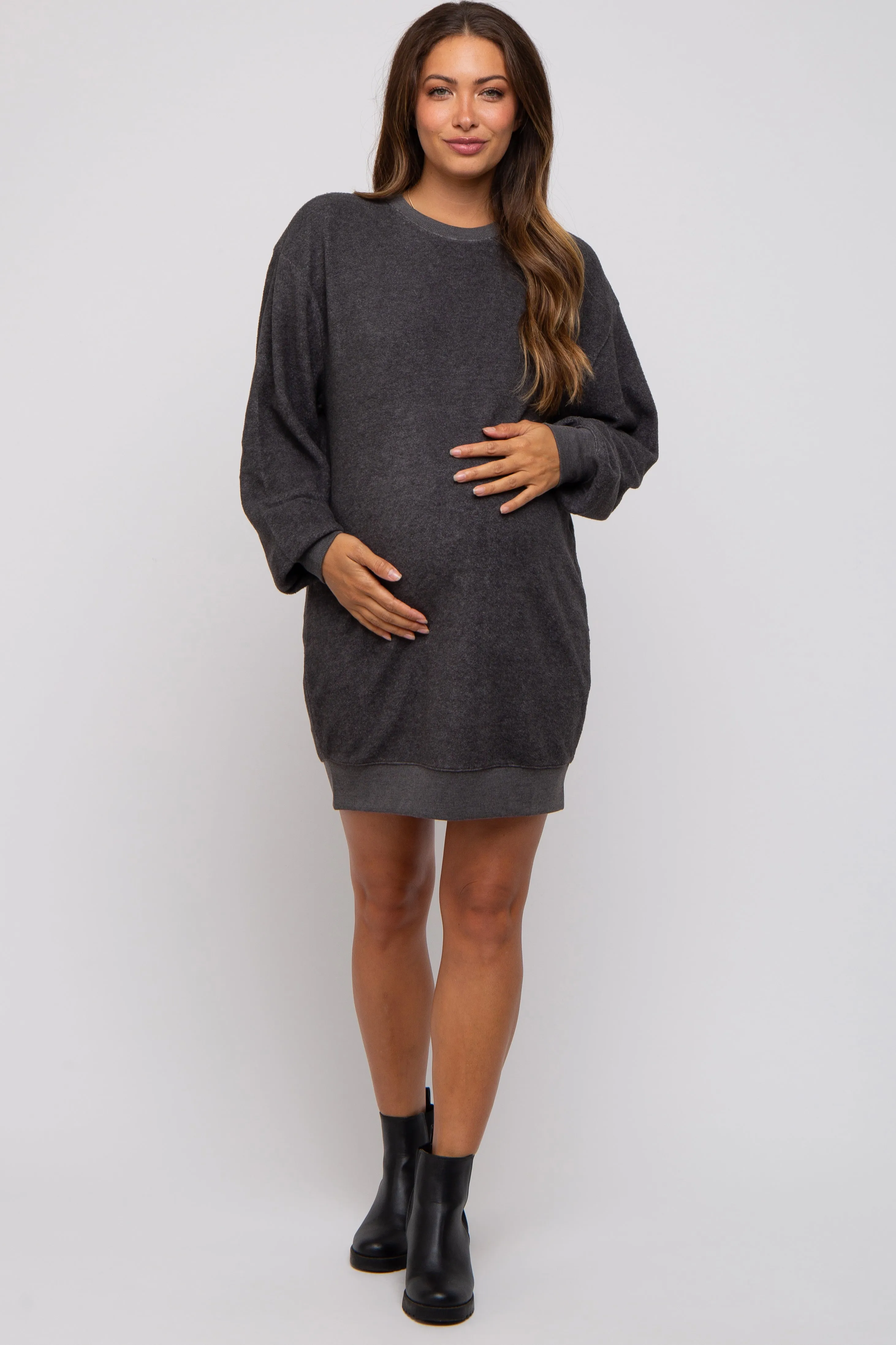 Charcoal Fleece Oversized Maternity Sweatshirt Mini Dress sold by Pinkblush product image thumbnail 4
