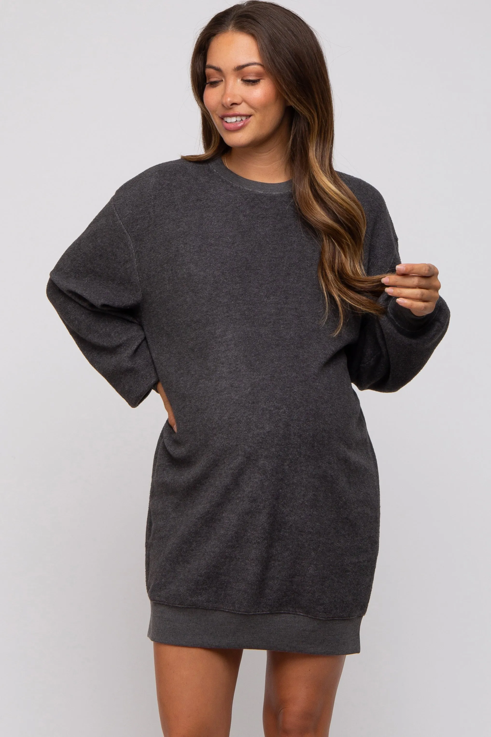Charcoal Fleece Oversized Maternity Sweatshirt Mini Dress sold by Pinkblush