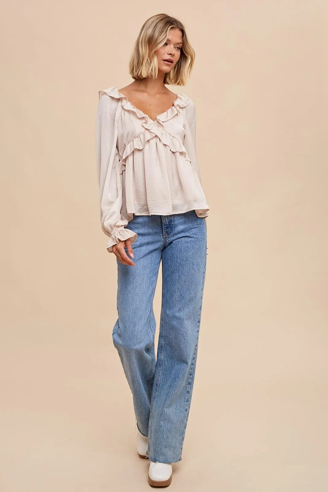 Almond Washed Satin Cross Ruffled Long Sleeve Blouse sold by Pinkblush product image thumbnail 4