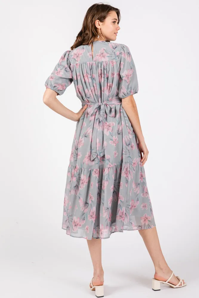 Grey Floral Smocked Ruffle Hem Midi Dress sold by Pinkblush product image thumbnail 3