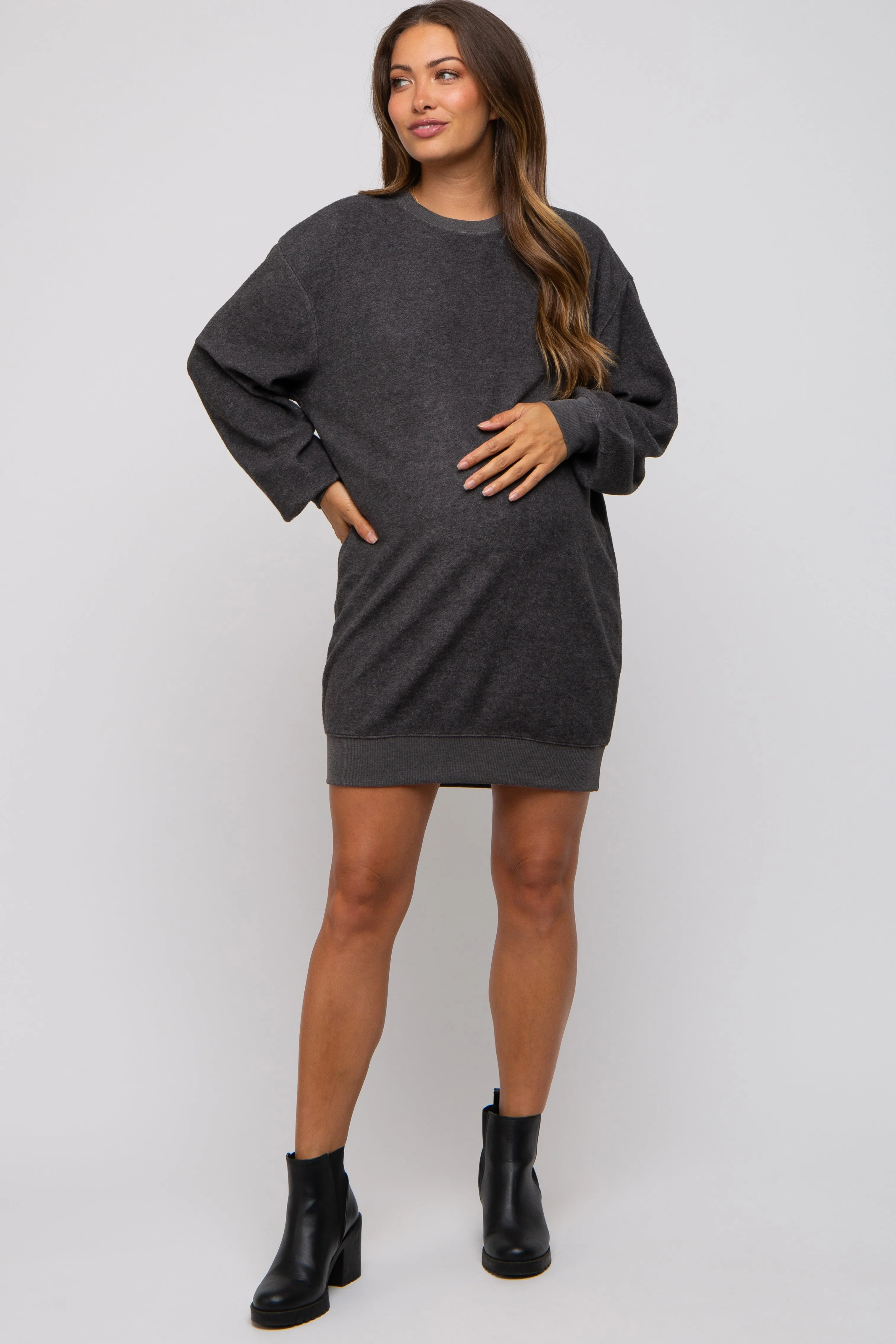 Charcoal Fleece Oversized Maternity Sweatshirt Mini Dress sold by Pinkblush product image thumbnail 5