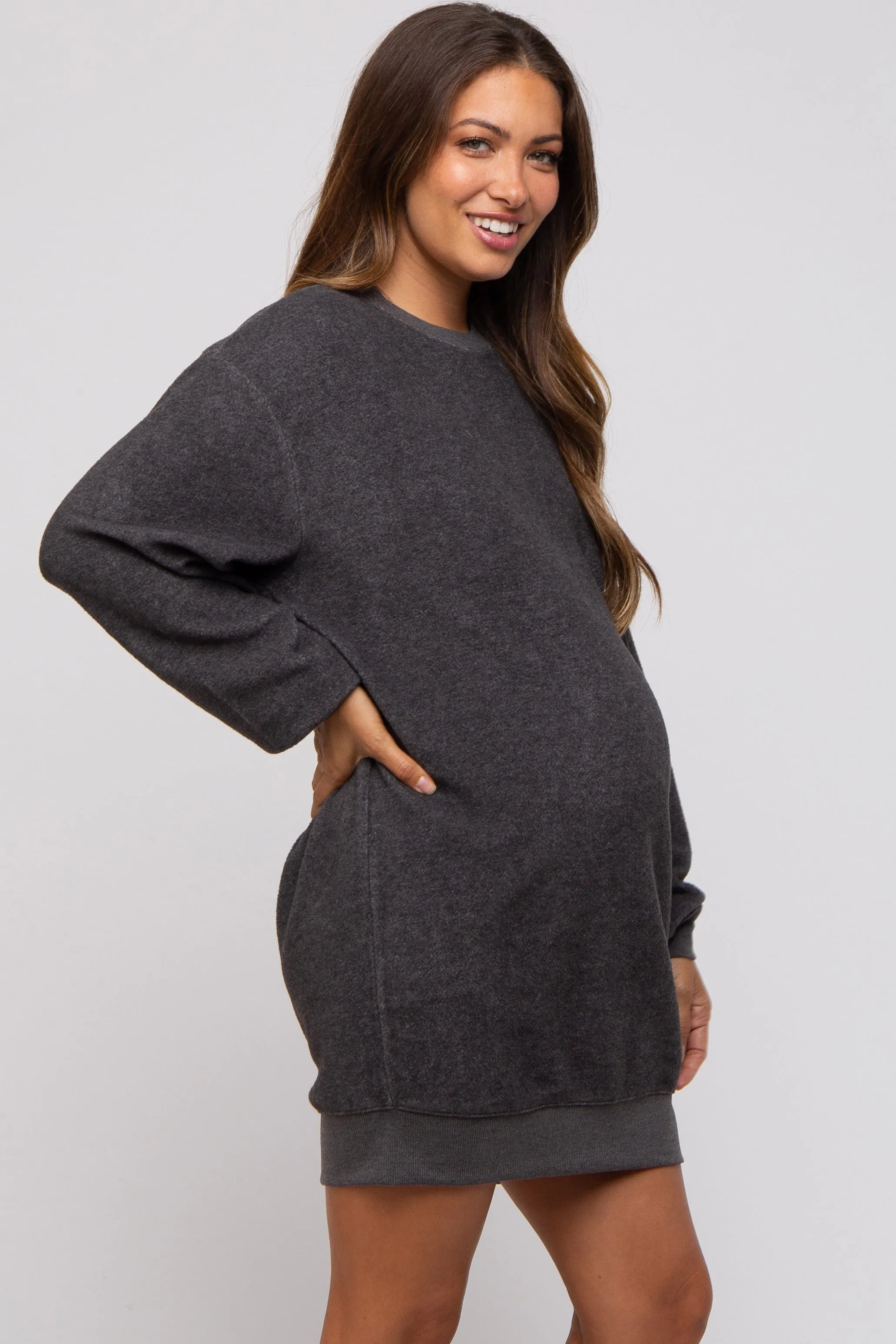 Charcoal Fleece Oversized Maternity Sweatshirt Mini Dress sold by Pinkblush product image thumbnail 2