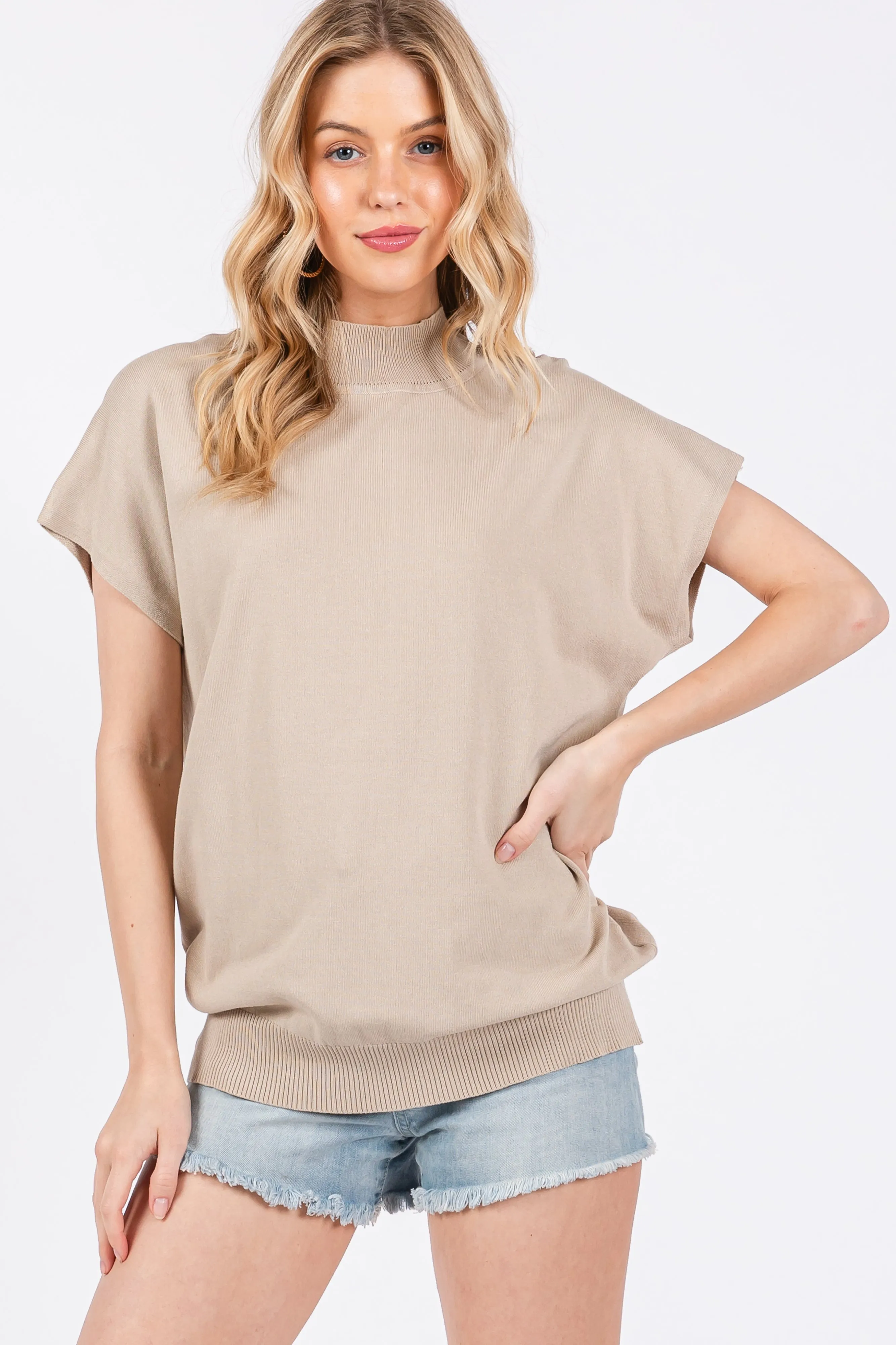 Beige Mock Neck Knit Top sold by Pinkblush