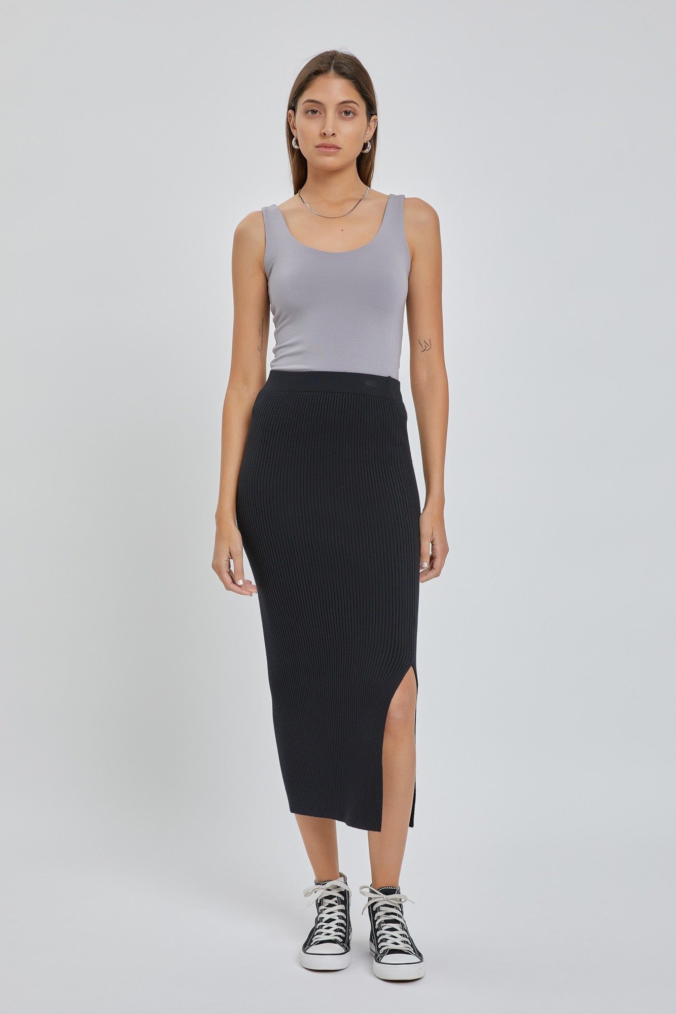 Black Ribbed Fitted Side Slit Midi Skirt sold by Pinkblush