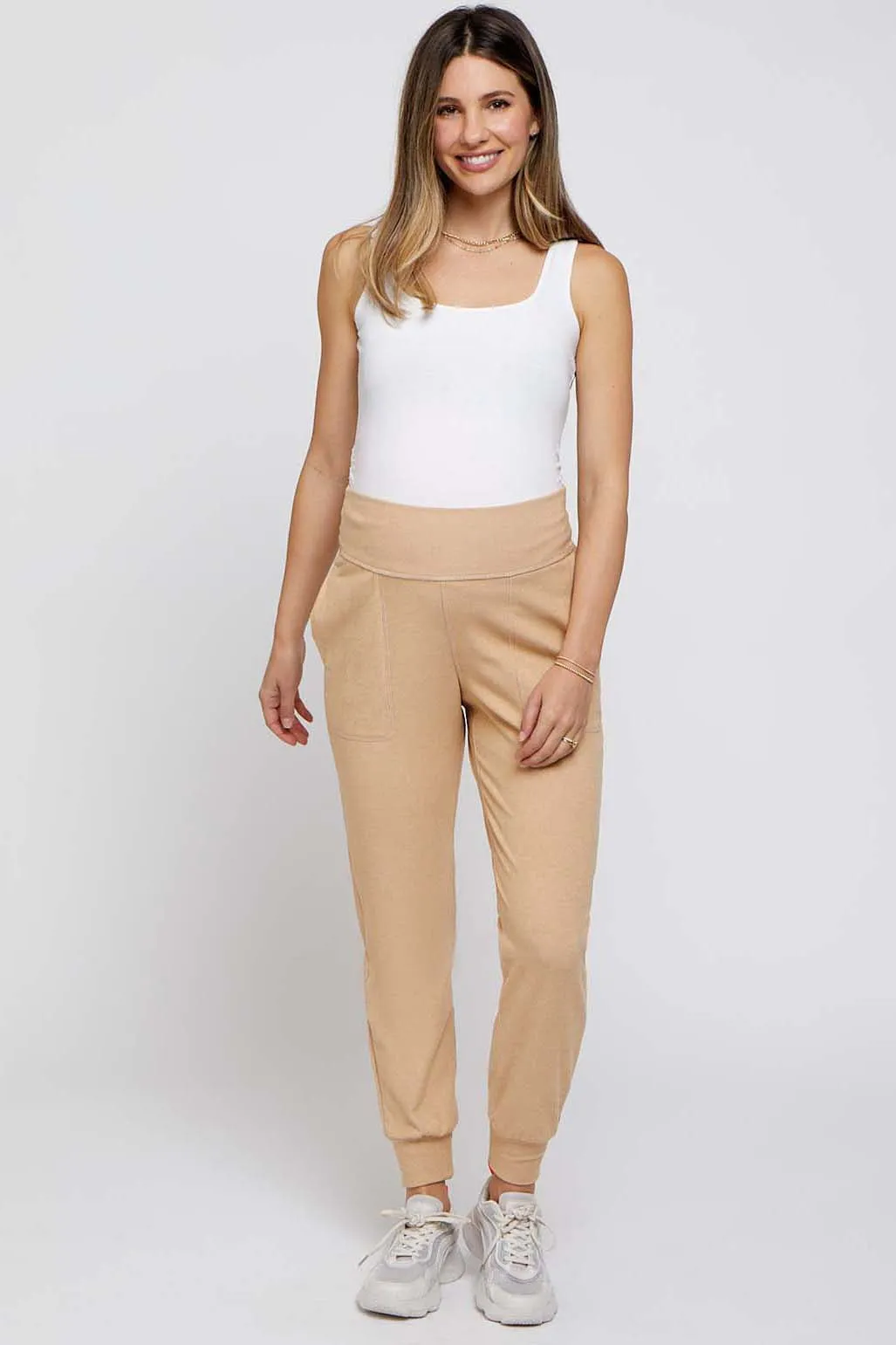 Camel Soft Knit Maternity Joggers sold by Pinkblush
