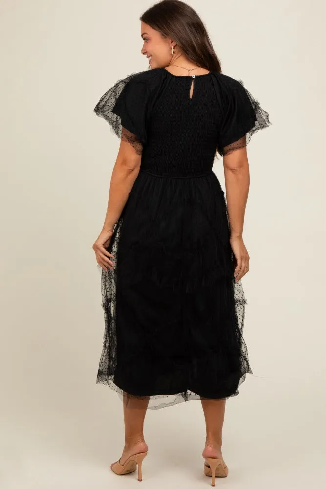 Black Smocked Dotted Tulle Overlay Maternity Midi Dress sold by Pinkblush product image thumbnail 4