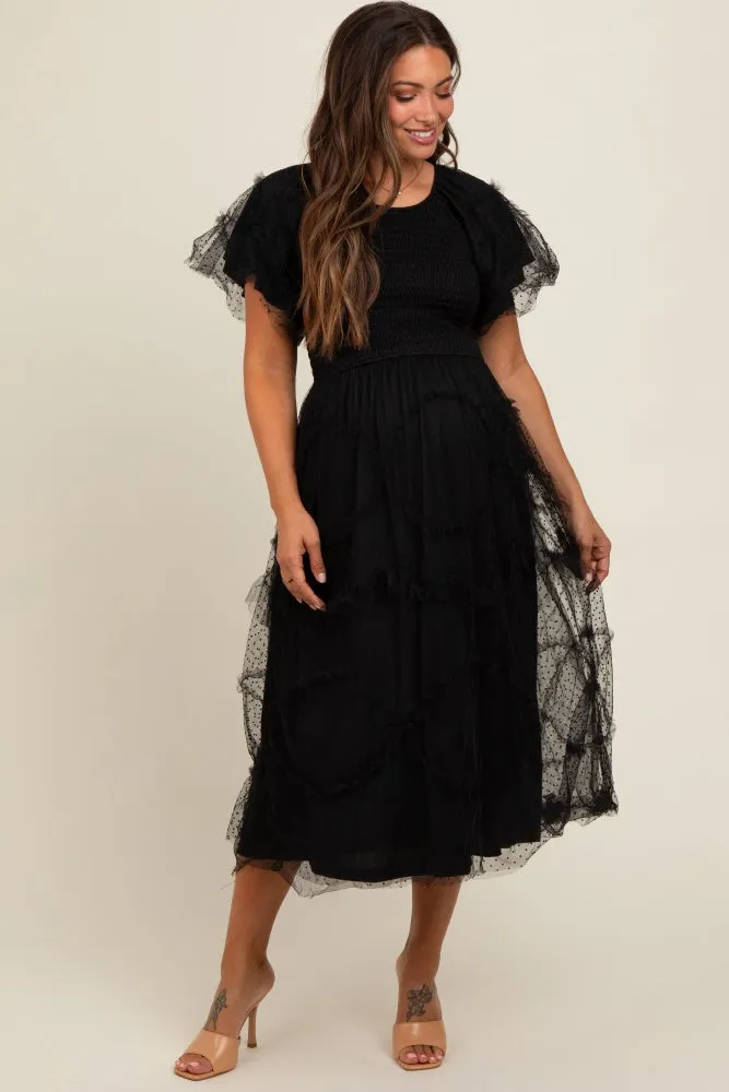 Black Smocked Dotted Tulle Overlay Maternity Midi Dress sold by Pinkblush