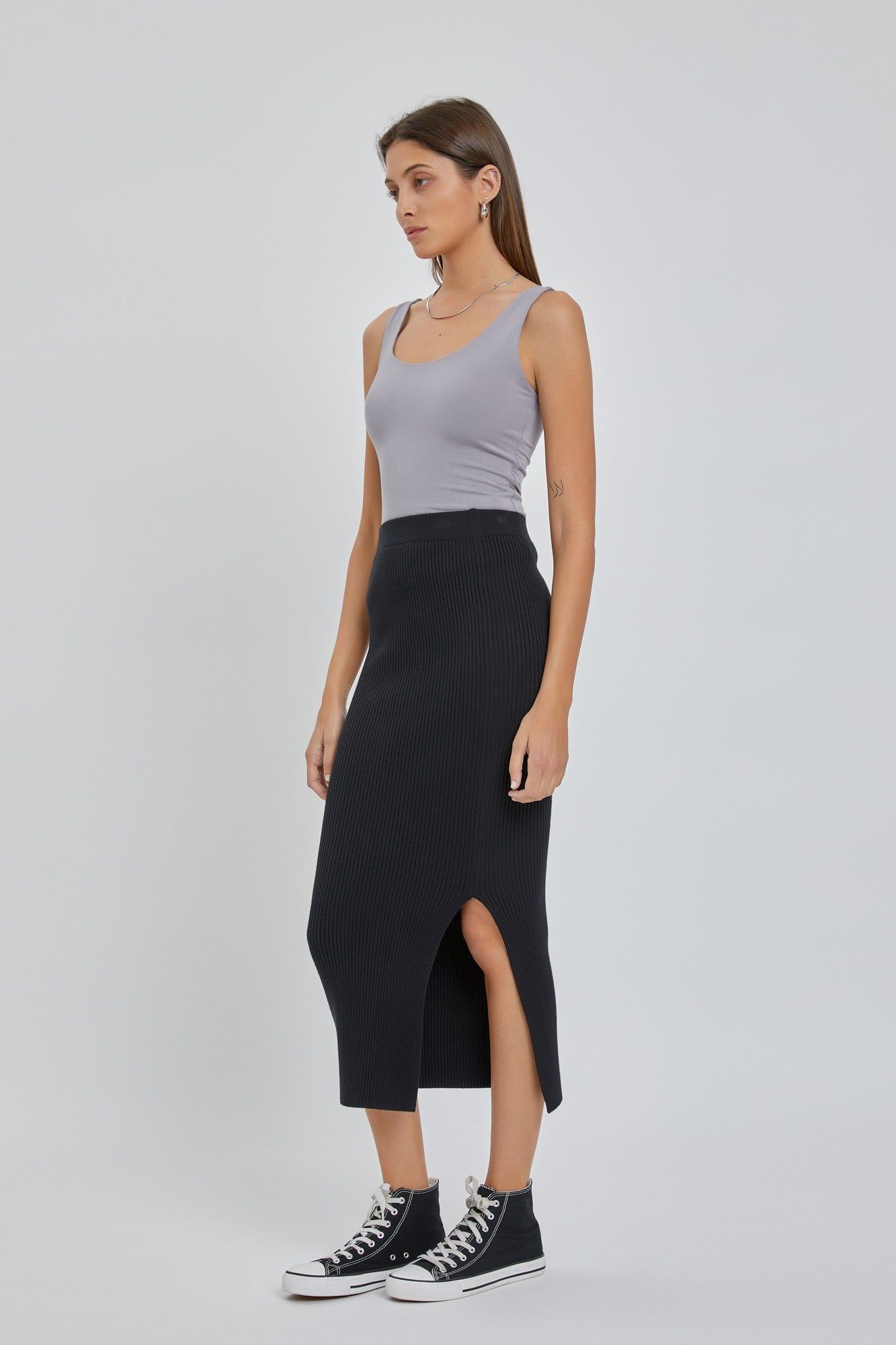 Black Ribbed Fitted Side Slit Midi Skirt sold by Pinkblush product image thumbnail 2