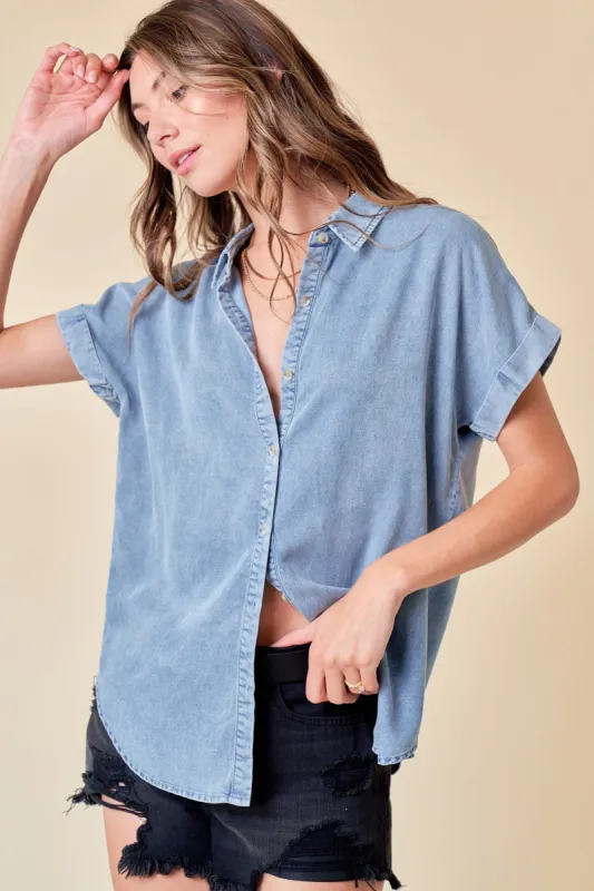 Denim Roll Up Sleeve Shirt sold by Pinkblush
