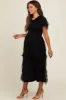 Black Smocked Dotted Tulle Overlay Maternity Midi Dress sold by Pinkblush