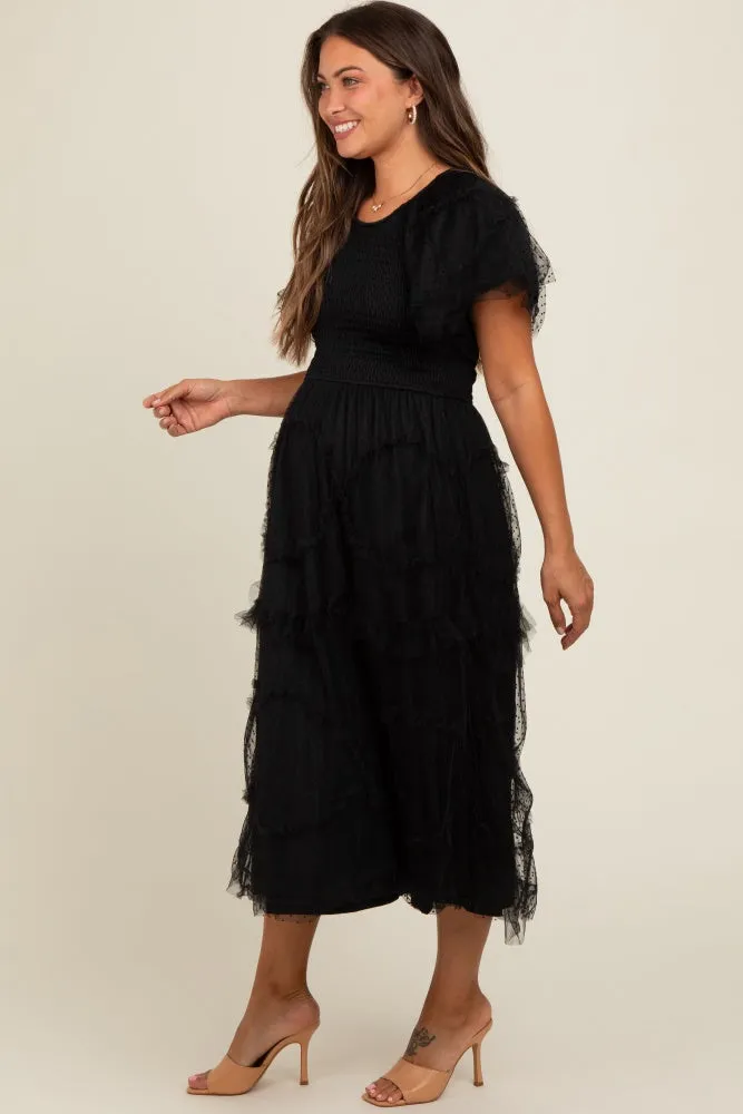 Black Smocked Dotted Tulle Overlay Maternity Midi Dress sold by Pinkblush product image thumbnail 3