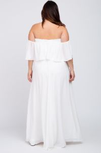 White Chiffon Off Shoulder Plus Gown sold by Pinkblush