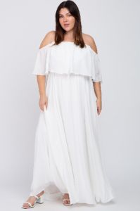 White Chiffon Off Shoulder Plus Gown sold by Pinkblush