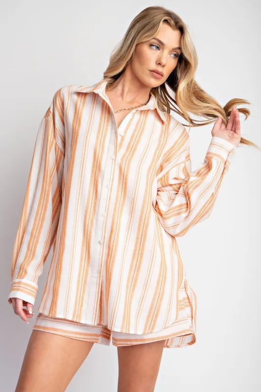 Peach Yarn Dye Stripe Button Down Top sold by Pinkblush