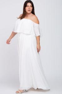 White Chiffon Off Shoulder Plus Gown sold by Pinkblush