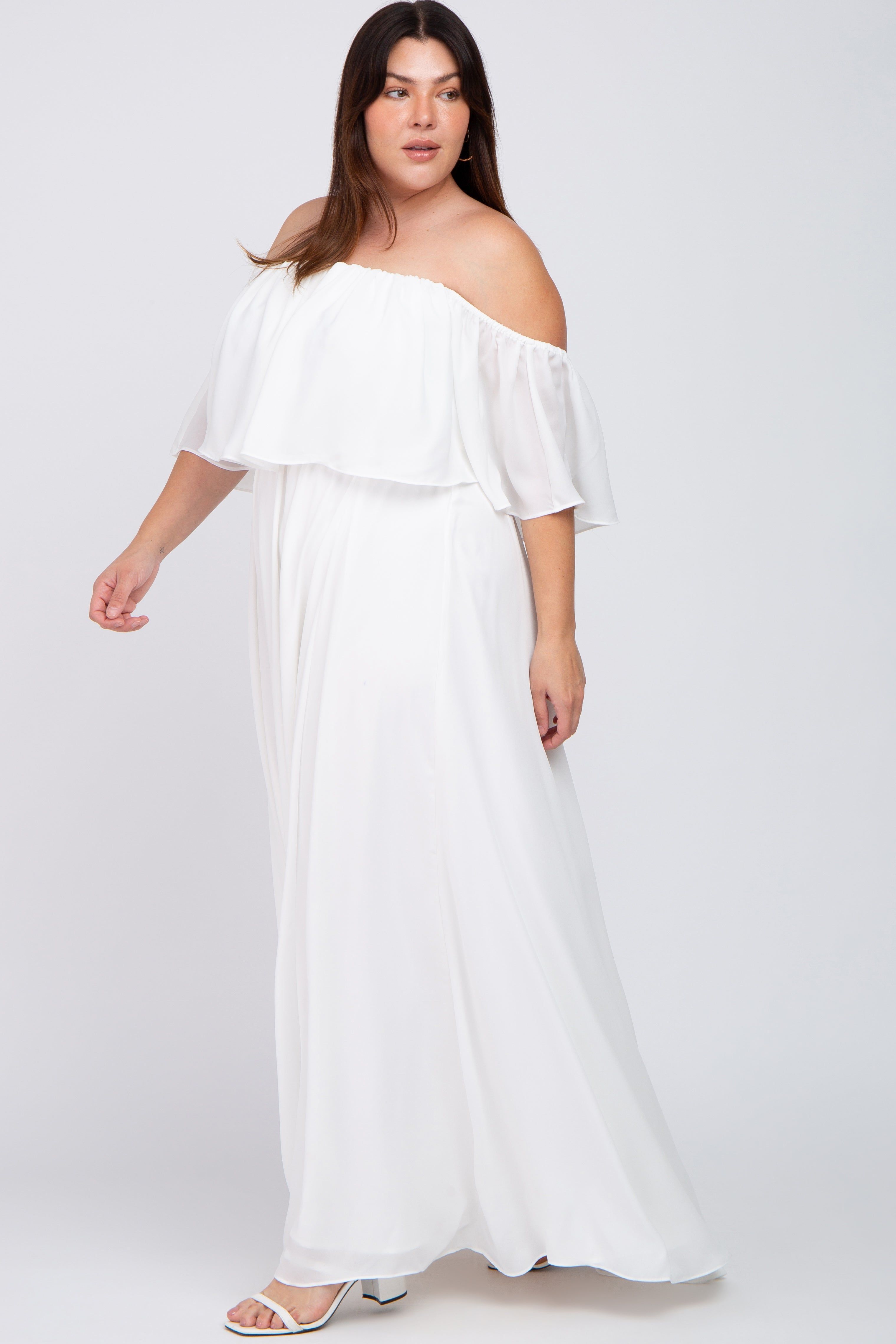 White Chiffon Off Shoulder Plus Gown sold by Pinkblush product image thumbnail 2