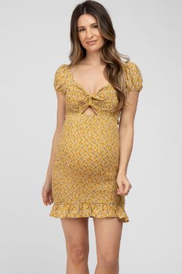 Yellow Floral Smocked Cutout Maternity Mini Dress sold by Pinkblush