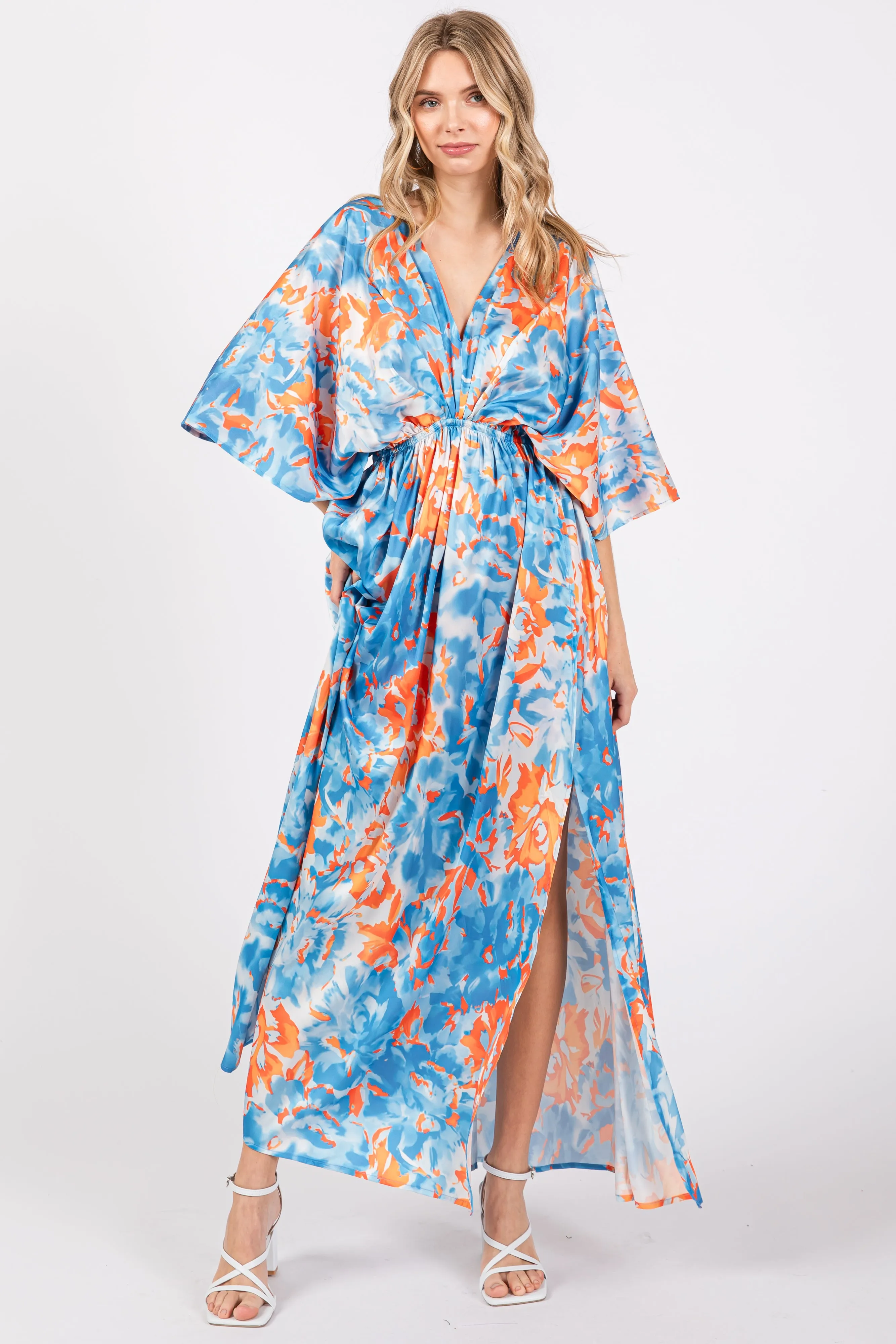 Blue Floral Satin V-Neck Maxi Dress sold by Pinkblush product image thumbnail 4