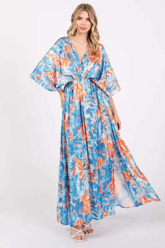 Blue Floral Satin V-Neck Maxi Dress made by TCEC