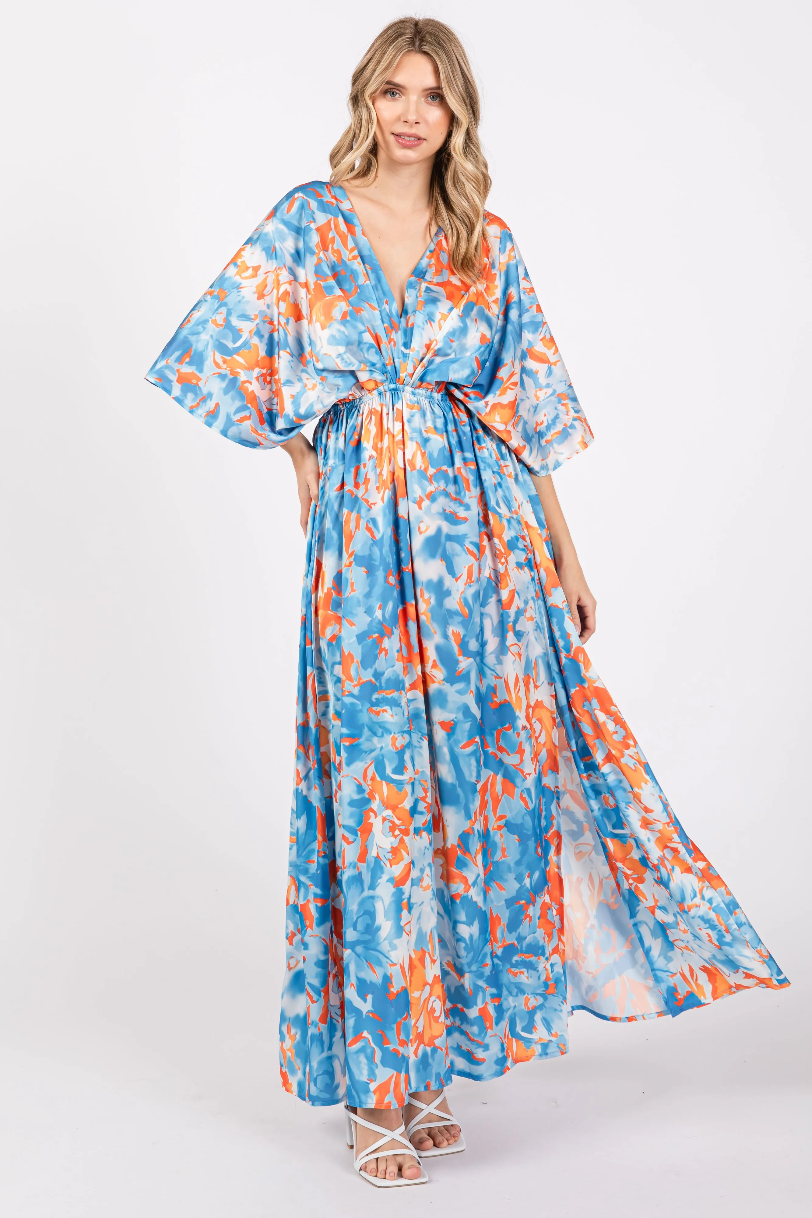 Blue Floral Satin V-Neck Maxi Dress sold by Pinkblush