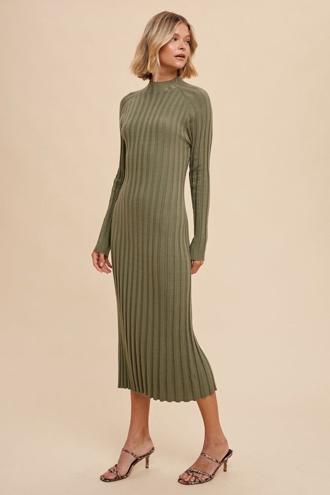 Olive Ribbed Turtle Neck Midi Dress sold by Pinkblush product image thumbnail 3